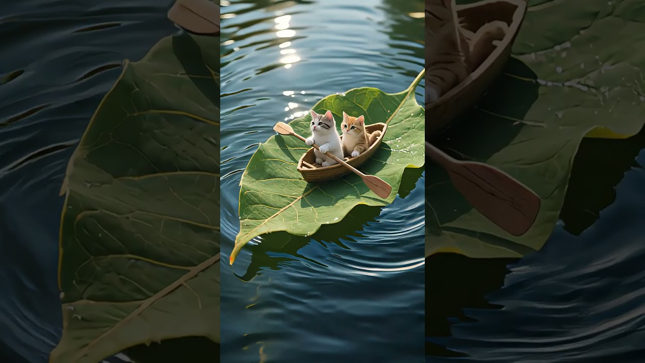 Zwei entzückende kleine Kätzchen sitzen in einem kleinen blattförmigen Boot